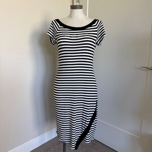 Bebe Black and White Ribbed Striped Midi Dress L